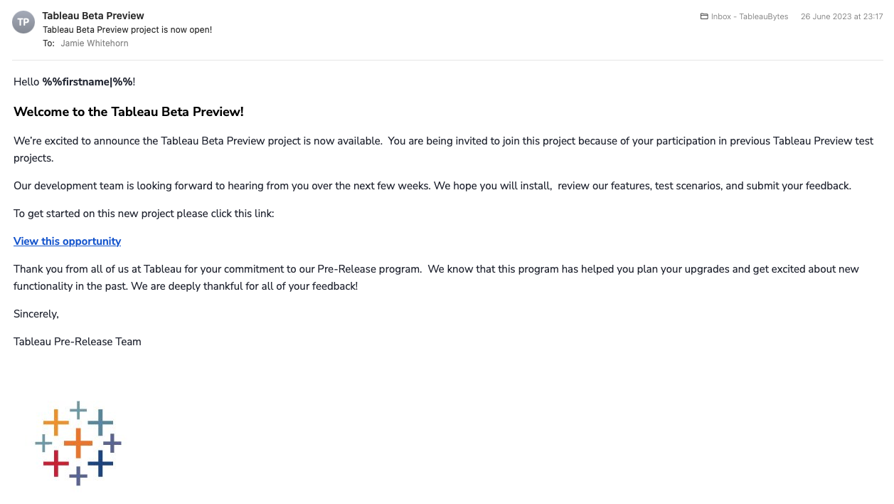 Image of email from Tableau inviting participation in the Beta Preview