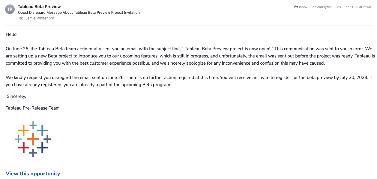 Email from Tableau saying that the first email was a mistake and the Beta Preview has not launched